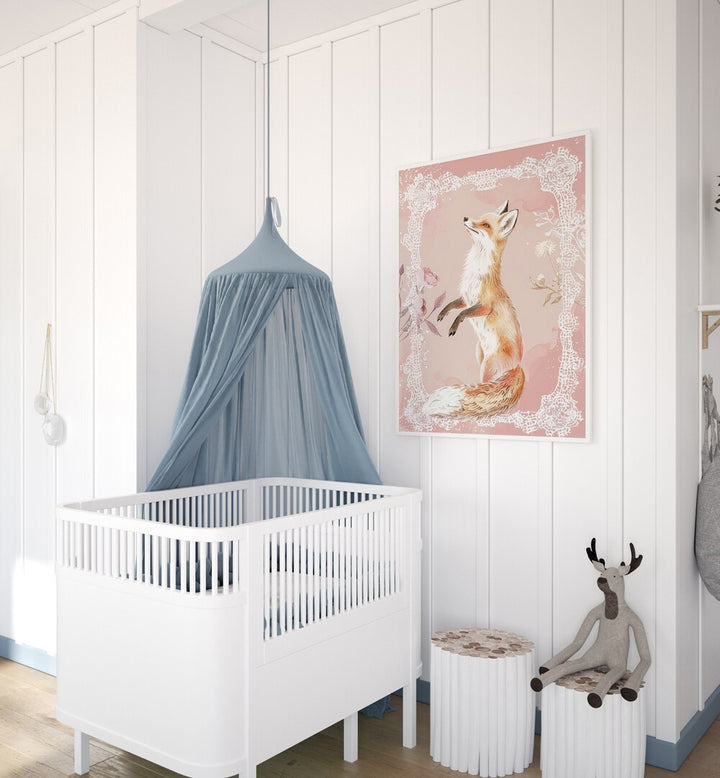 Gleeful Fox Kids Room Paintings Kids Room Wall Art in White Plain Frame placed on a wall in a kids room beside an infant's bed