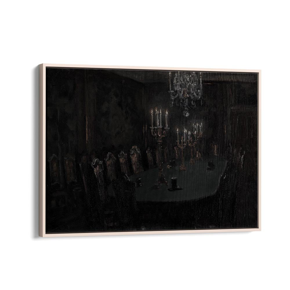 Gloomed Dining Hal Gothic Wall Art Prints in Oak Wood Floater Frame