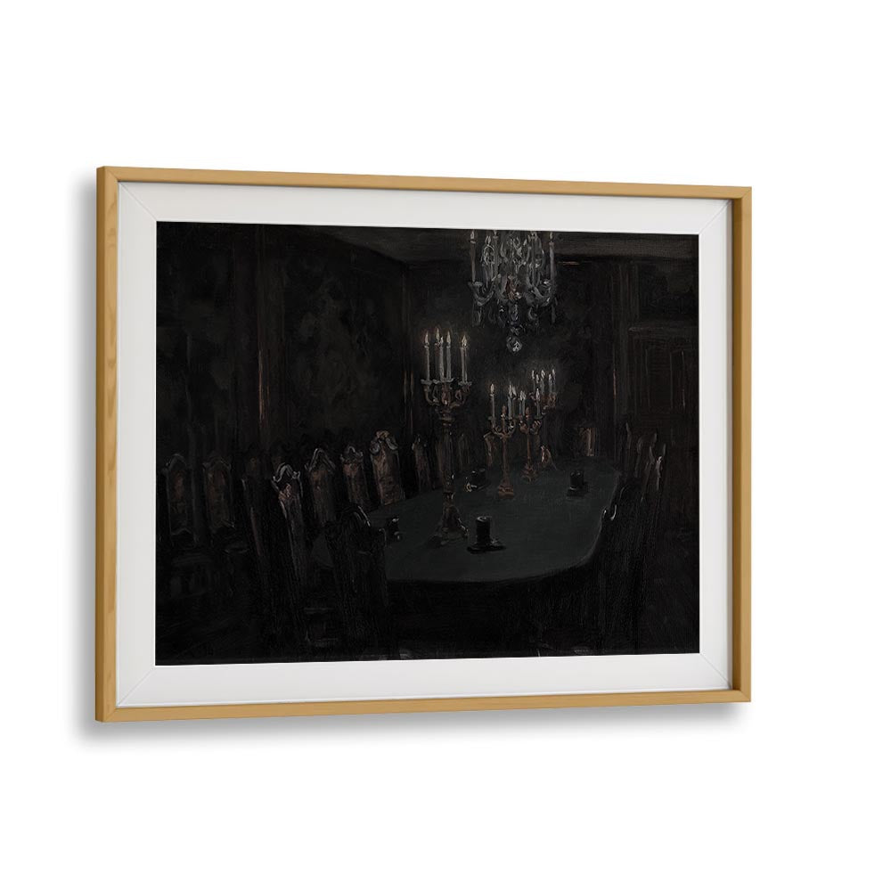 Gloomed Dining Hal Gothic Wall Art Prints in Oak Wood Frame With Mount