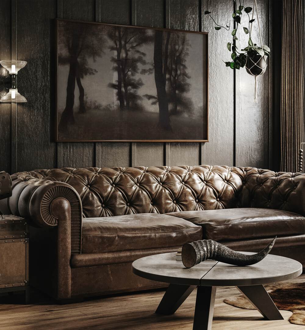 Gloomed Glade Gothic Wall Art Prints in Oak Wood Plain Frame hanging on a wall above brown leather couch beside a window