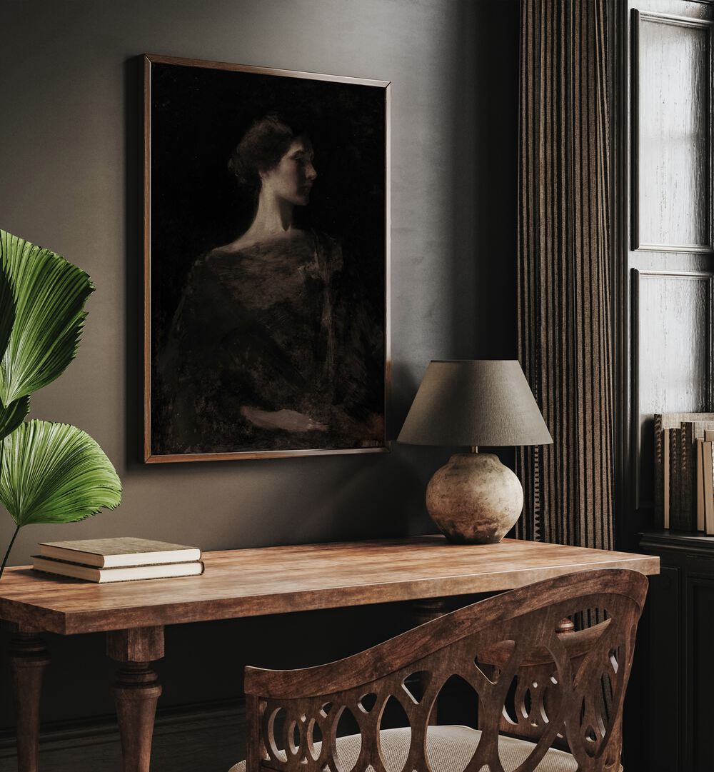 Gloomy Grace Gothic Wall Art Prints in Oak Wood Plain Frame hanging on wall above study table beside a window.