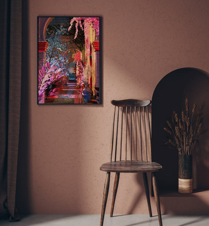 Glowing Palace By Cosmo Zach Surreal Art Prints Surrealism in Black Plain Frame placed on the wall beside a chair