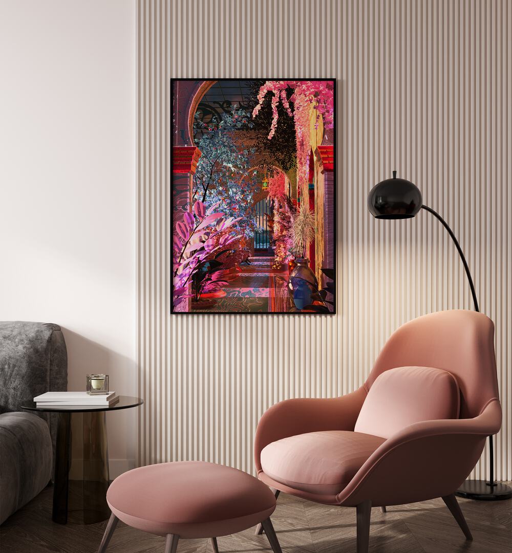 Glowing Palace By Cosmo Zach Surreal Art Prints Surrealism in Black Plain Frame placed on the wall beside a sofa