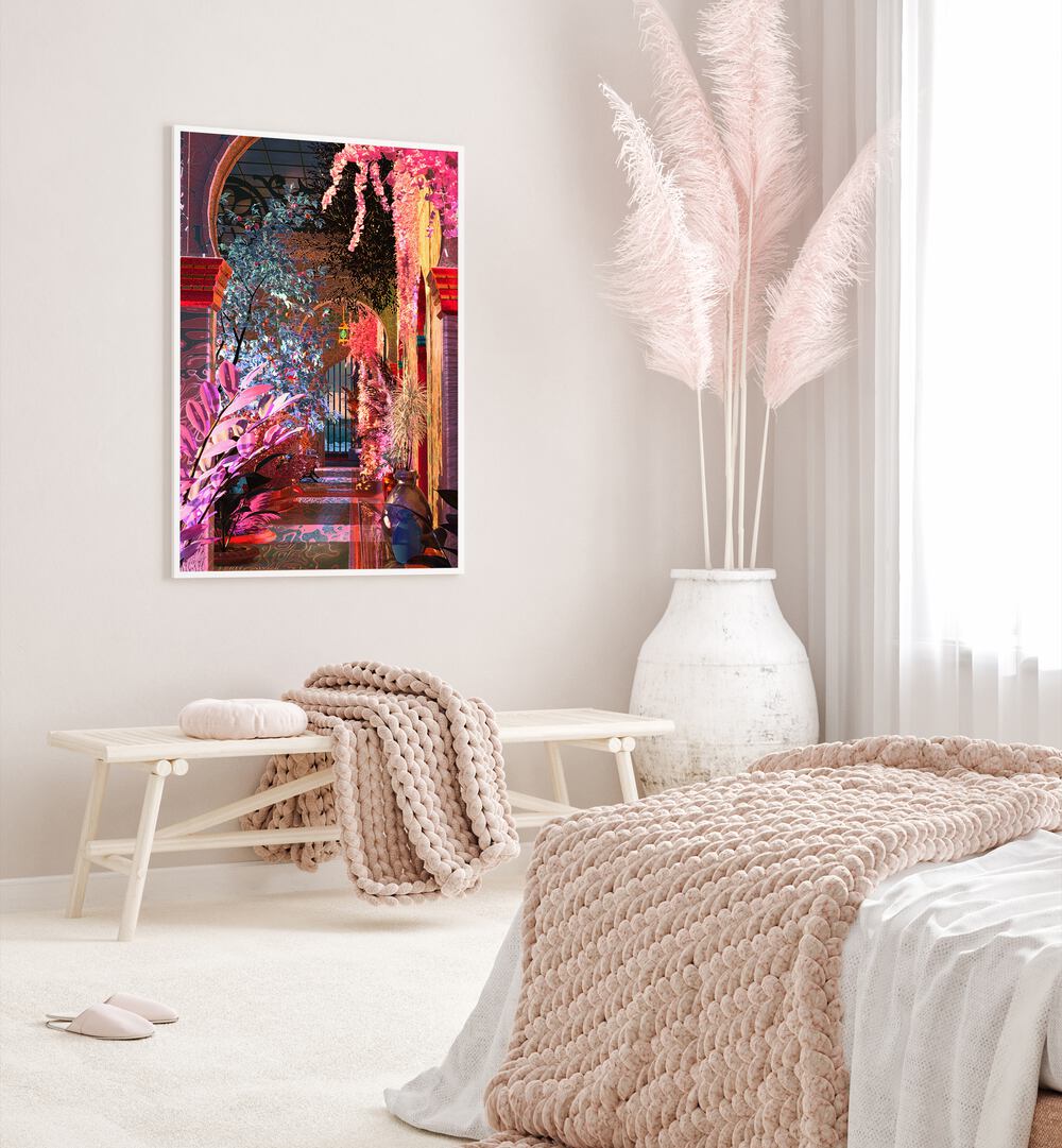 Glowing Palace By Cosmo Zach Surreal Art Prints Surrealism in White Plain Frame placed on a wall behind a table for bedroom