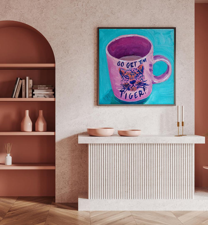 Go Get'em Tiger By Key And Sea Creative Art Print in Black Plain Frame on a pink wall above a console table