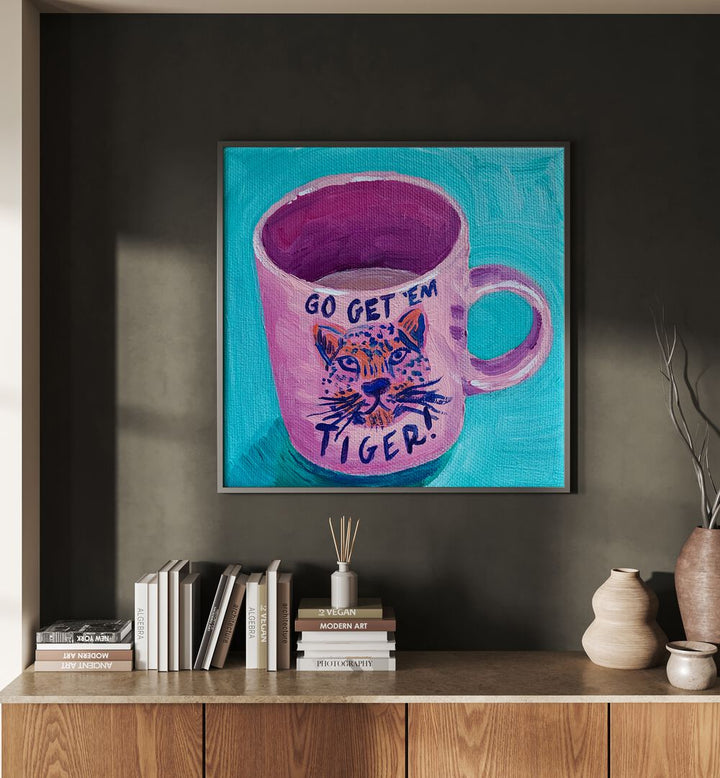 Go Get'em Tiger By Key And Sea Creative Art Print in Black Plain Frame above a console table on a grey wall