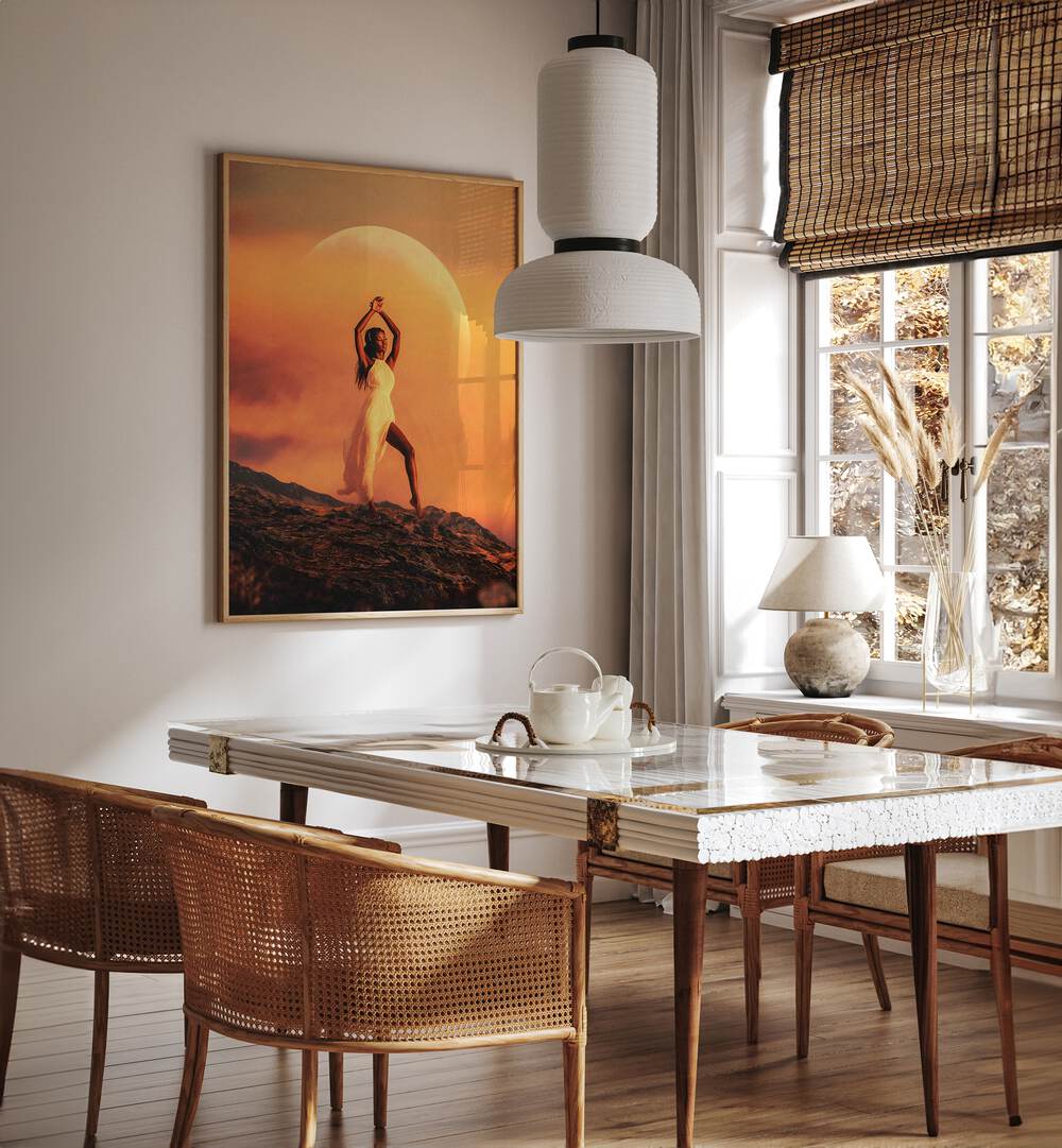 Goddess Surreal Paintings Surreal Art Prints in Oak Wood Plain Frame placed on a Cream Colored Wall near a Dining Table in the Dining Room