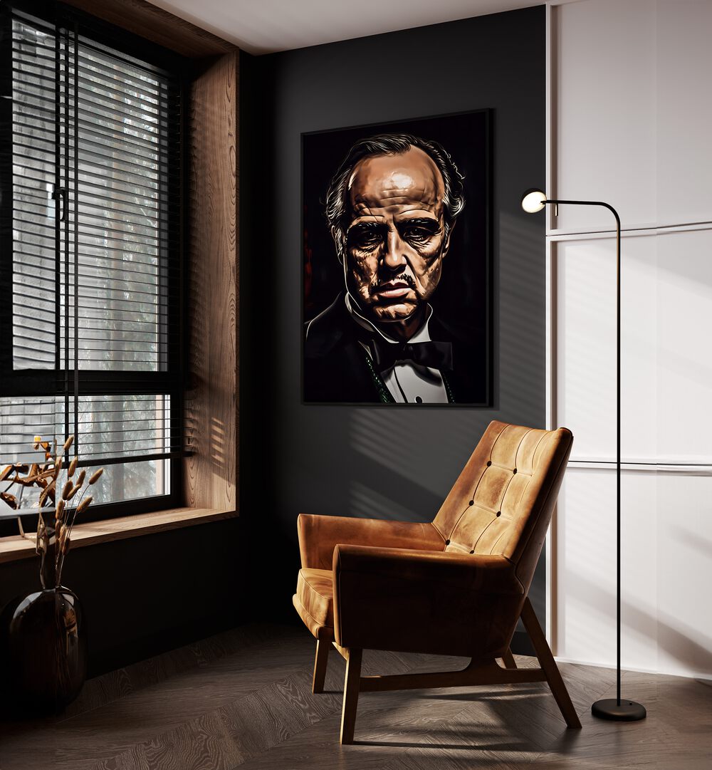 Godfather Art I Movie Posters in Black Plain Frame placed on a Dark Grey Colored Wall above a Console Table near a Brown  Sofa Chair in the Living Room