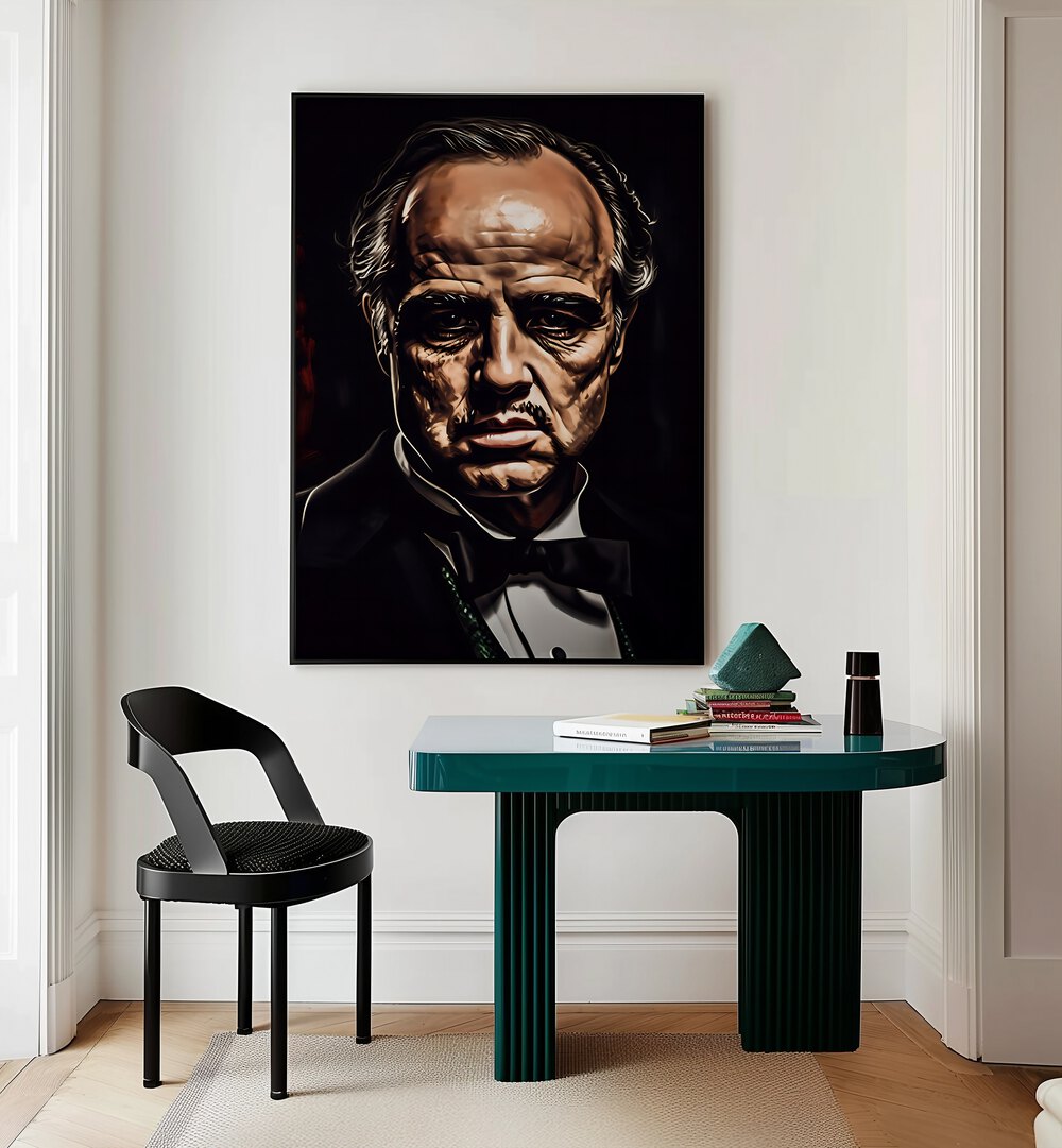 Godfather Art I Movie Posters in Black Plain Frame placed on a Cream Colored Wall near a Study Table in a Workspace in the Drawing Room