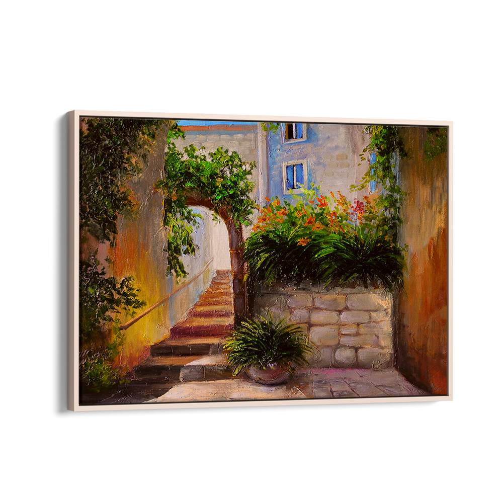 Golden Alley Vintage European Paintings in Oak Wood Floater Frame