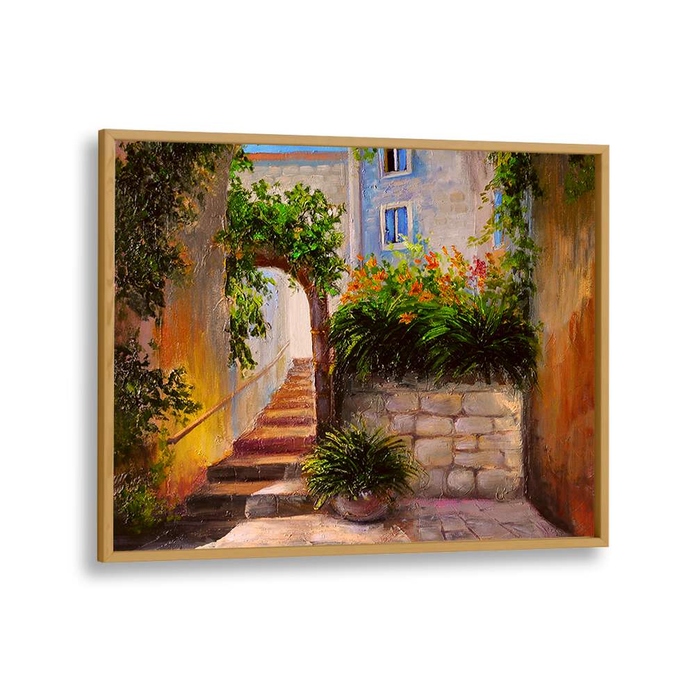 Golden Alley Vintage European Paintings in Oak Wood Plain Frame