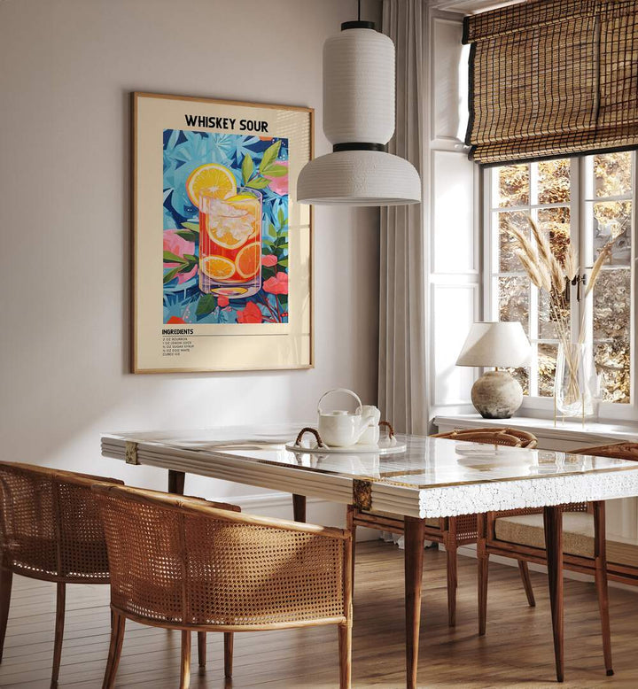 Golden Elegance Whiskey Sour Cafe Art Prints Cafe Posters in Oak Wood Plain Frame placed on a wall in a dining room area beside a window and behind a dining table