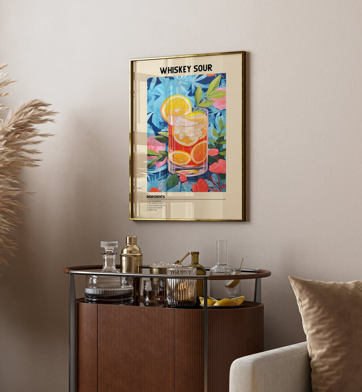 Golden Elegance Whiskey Sour Cafe Art Prints Cafe Posters in Gold Plain Frame placed on a wall behind a table