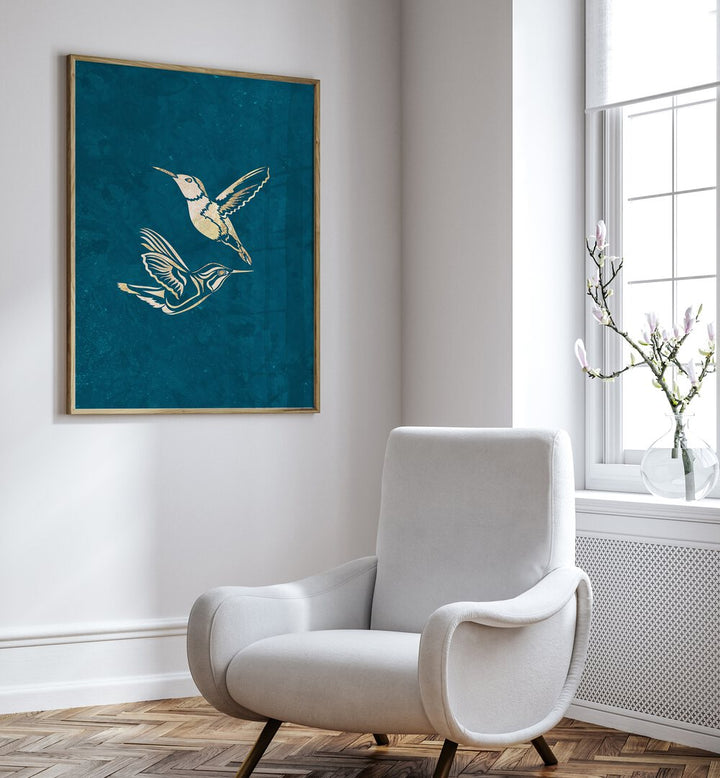 Golden Humming Bird Line Art Silhouettes I By Sarah Manovski Wildlife Paintings placed on wall 