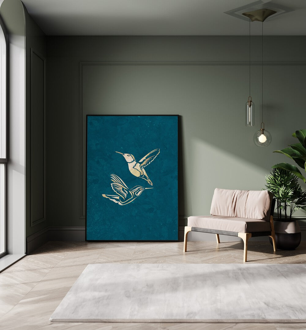 Golden Humming Bird Line Art Silhouettes I By Sarah Manovski Wildlife Paintings placed on wall 