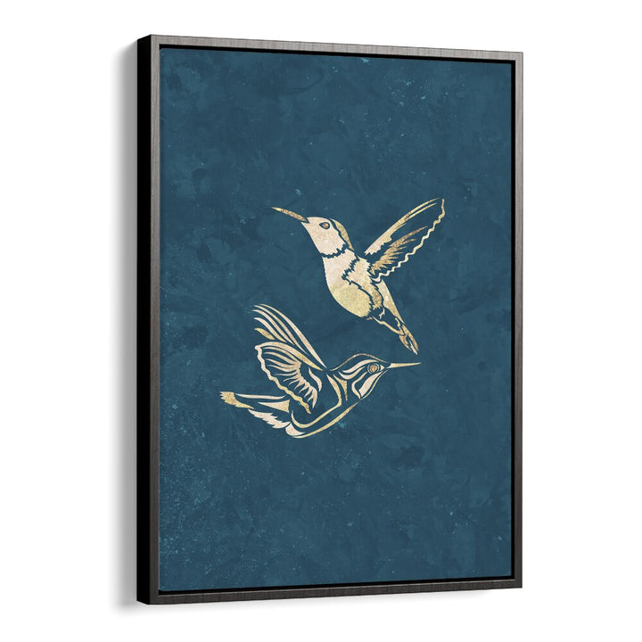 Golden Humming Bird Line Art Silhouettes I By Sarah Manovski Wildlife Paintings in Black Floater Frame