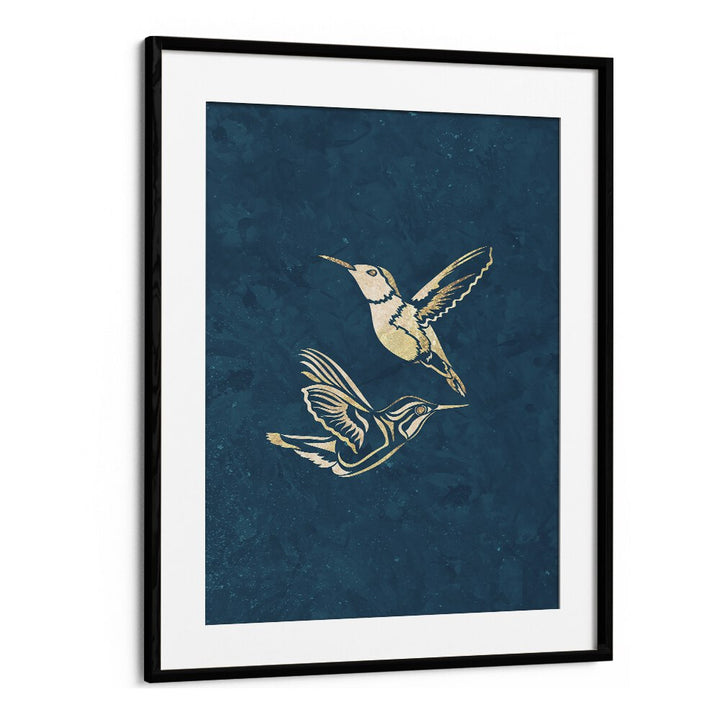 Golden Humming Bird Line Art Silhouettes I By Sarah Manovski Wildlife Paintings in Black Frame With Mount