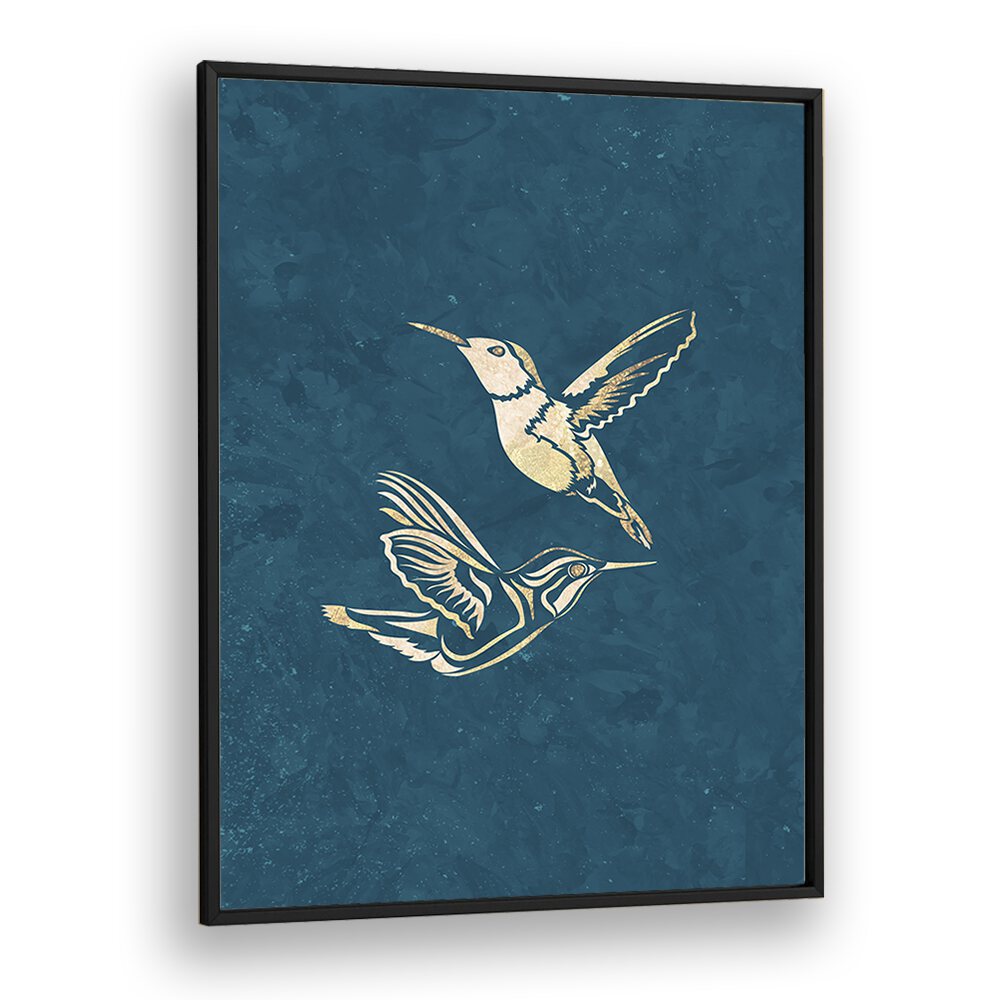 Golden Humming Bird Line Art Silhouettes I By Sarah Manovski Wildlife Paintings in Black Plain Frame