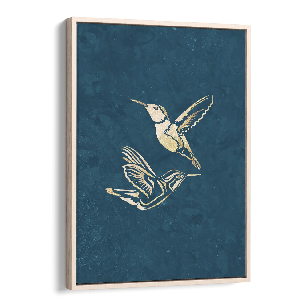 Golden Humming Bird Line Art Silhouettes I By Sarah Manovski Wildlife Paintings in Oak Wood Floater Frame