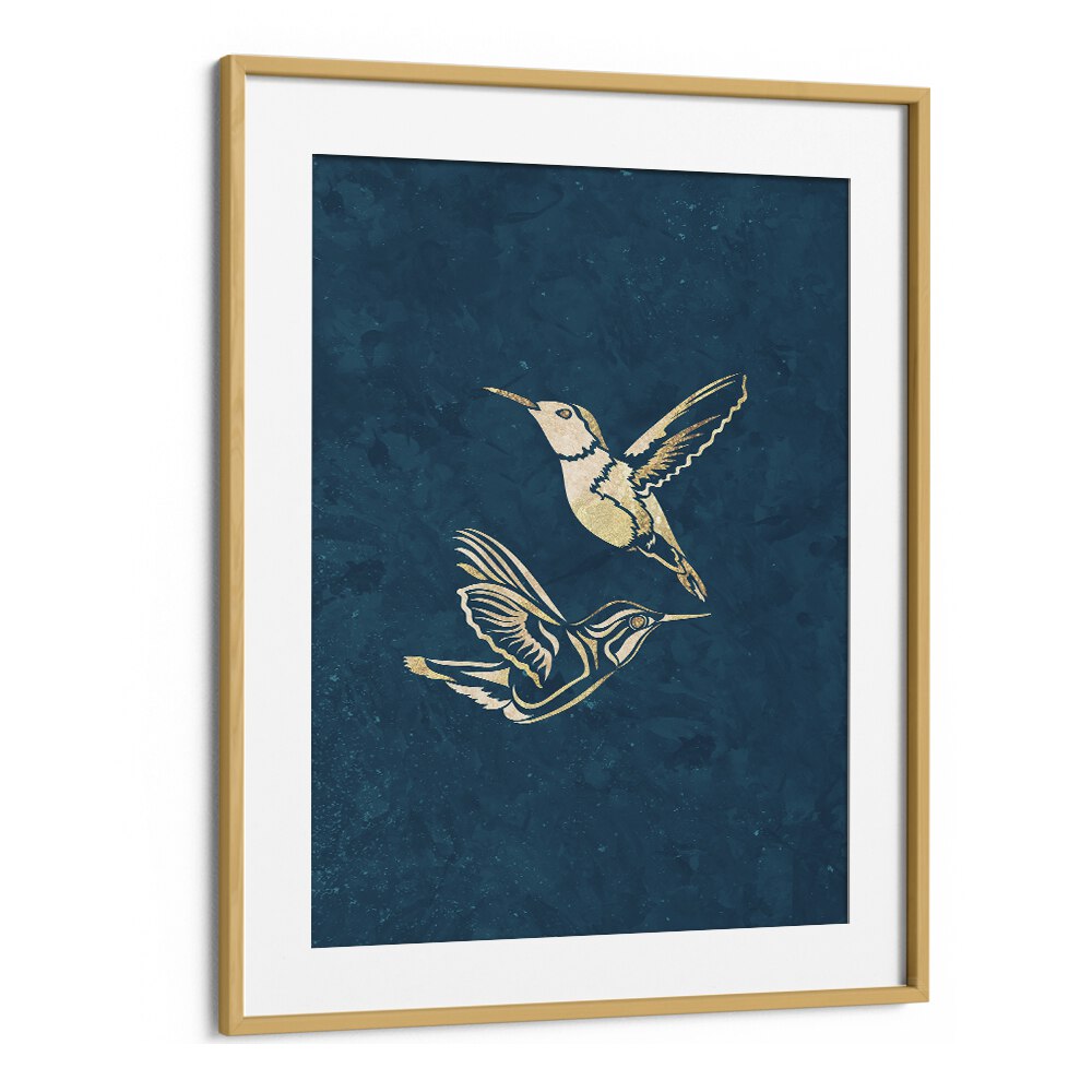 Golden Humming Bird Line Art Silhouettes I By Sarah Manovski Wildlife Paintings in Oak Wood Frame With Mount