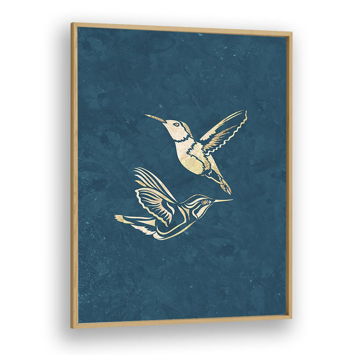 Golden Humming Bird Line Art Silhouettes I By Sarah Manovski Wildlife Paintings in Oak Wood Plain Frame