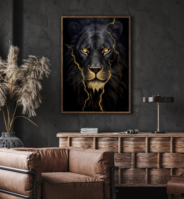 Golden Lion Wildlife Posters in Oak Wood Plain Frame placed on a Dark Grey Colored Wall above a Console Table near a Brown  Sofa Chair in the Living Room