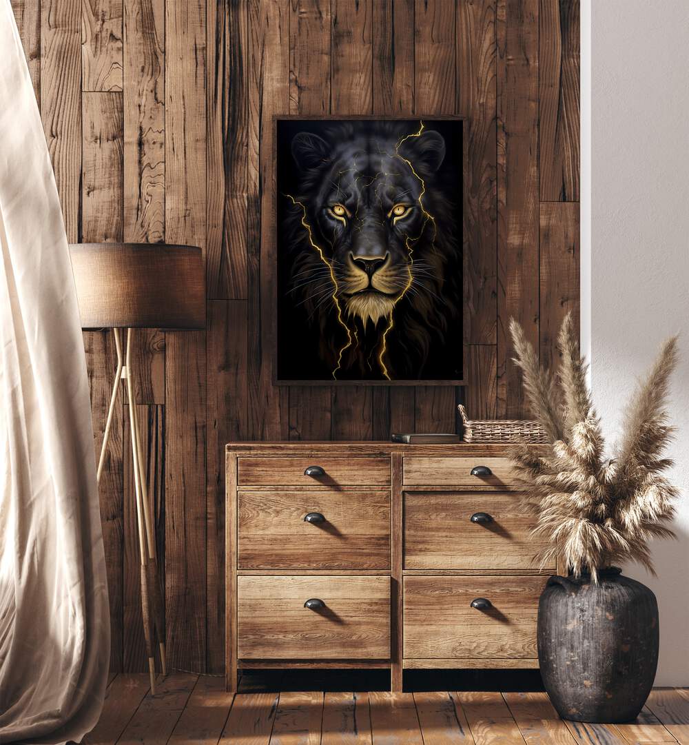 Golden Lion Wildlife Posters in Dark Wood Plain Frame Placed on a Wooden Textured Wall above a Console Table in the Drawing Room