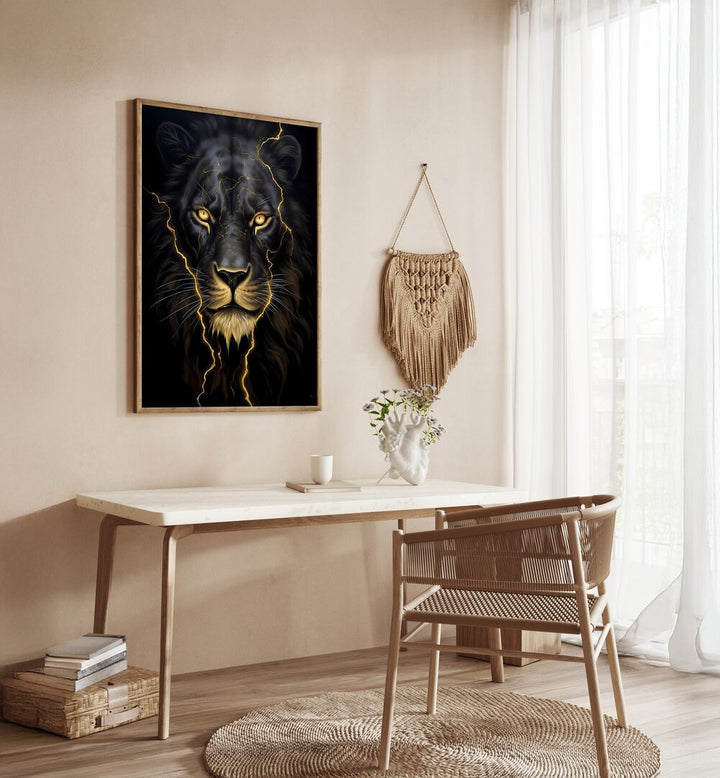 Golden Lion Wildlife Posters in Oak Wood Plain Frame placed on a Cream Colored Wall above a Study Table in the Drawing Room