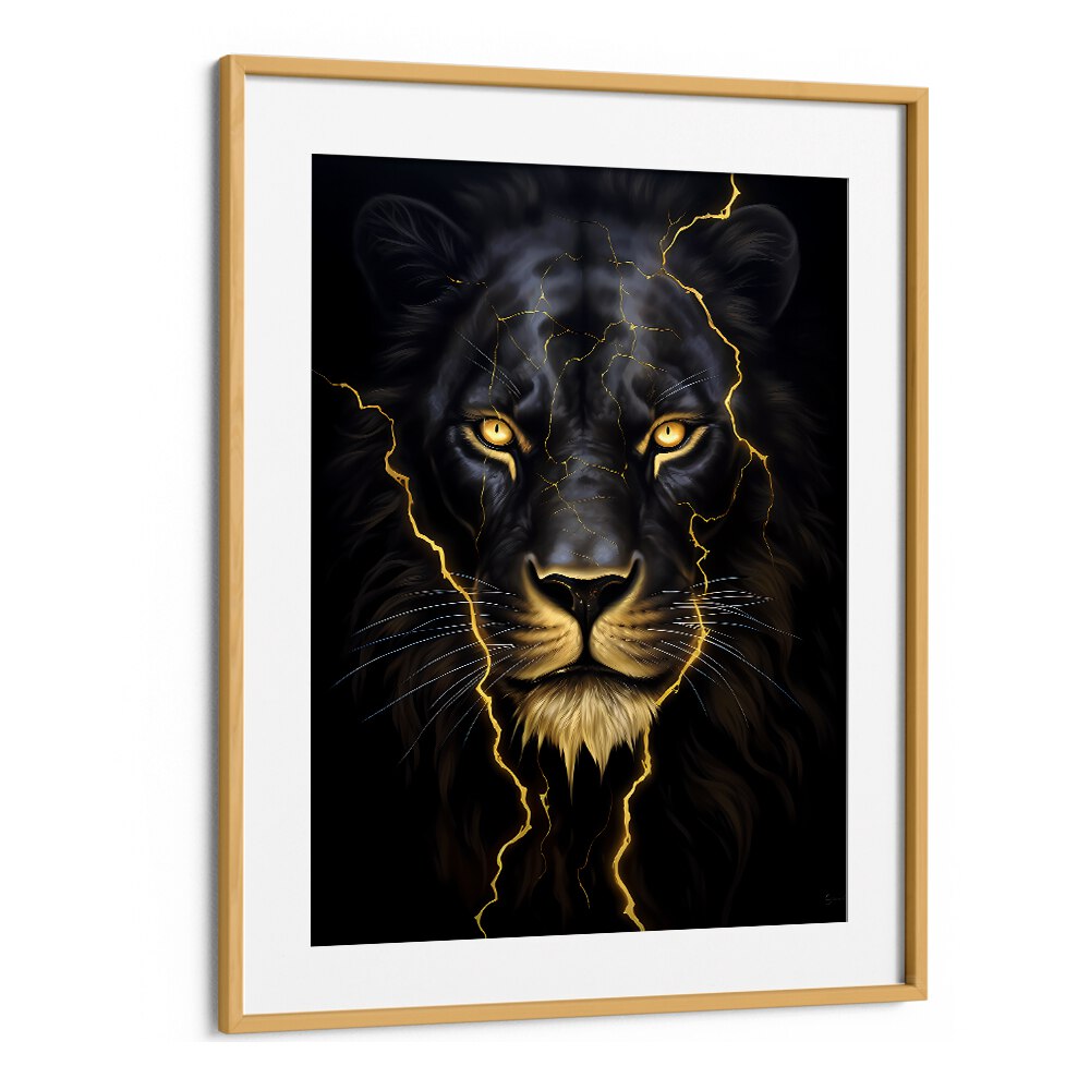 Golden Lion Wildlife Posters in Oak Wood Frame With Mount