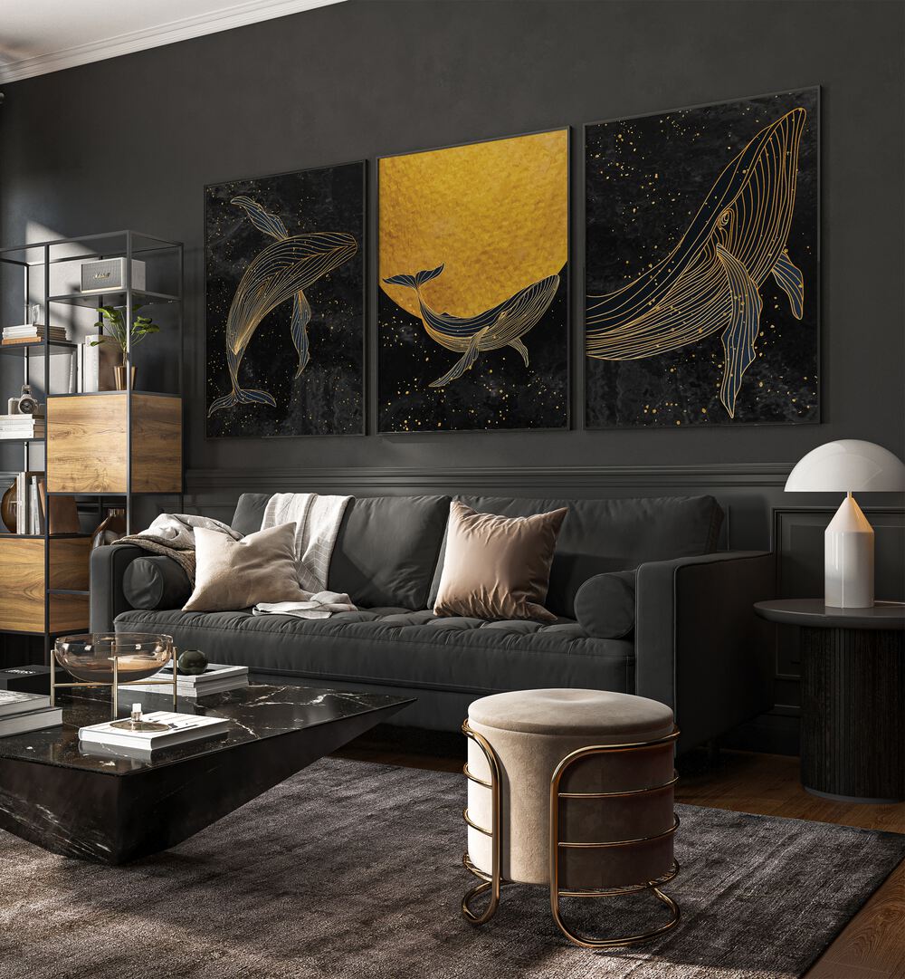 Elegant GOLDEN MARINA, SET OF 3 PAINTINGS featuring whales and a starry night, perfect for serene home decor.