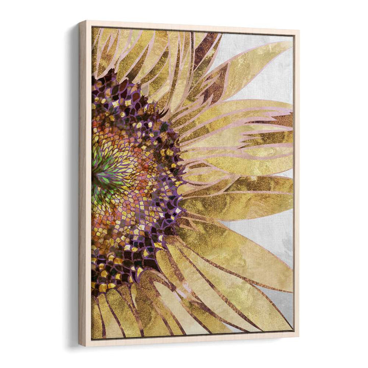 Golden Sunflower By Sarah Manovski Botanical Art Print in Oak Wood Floater Frame