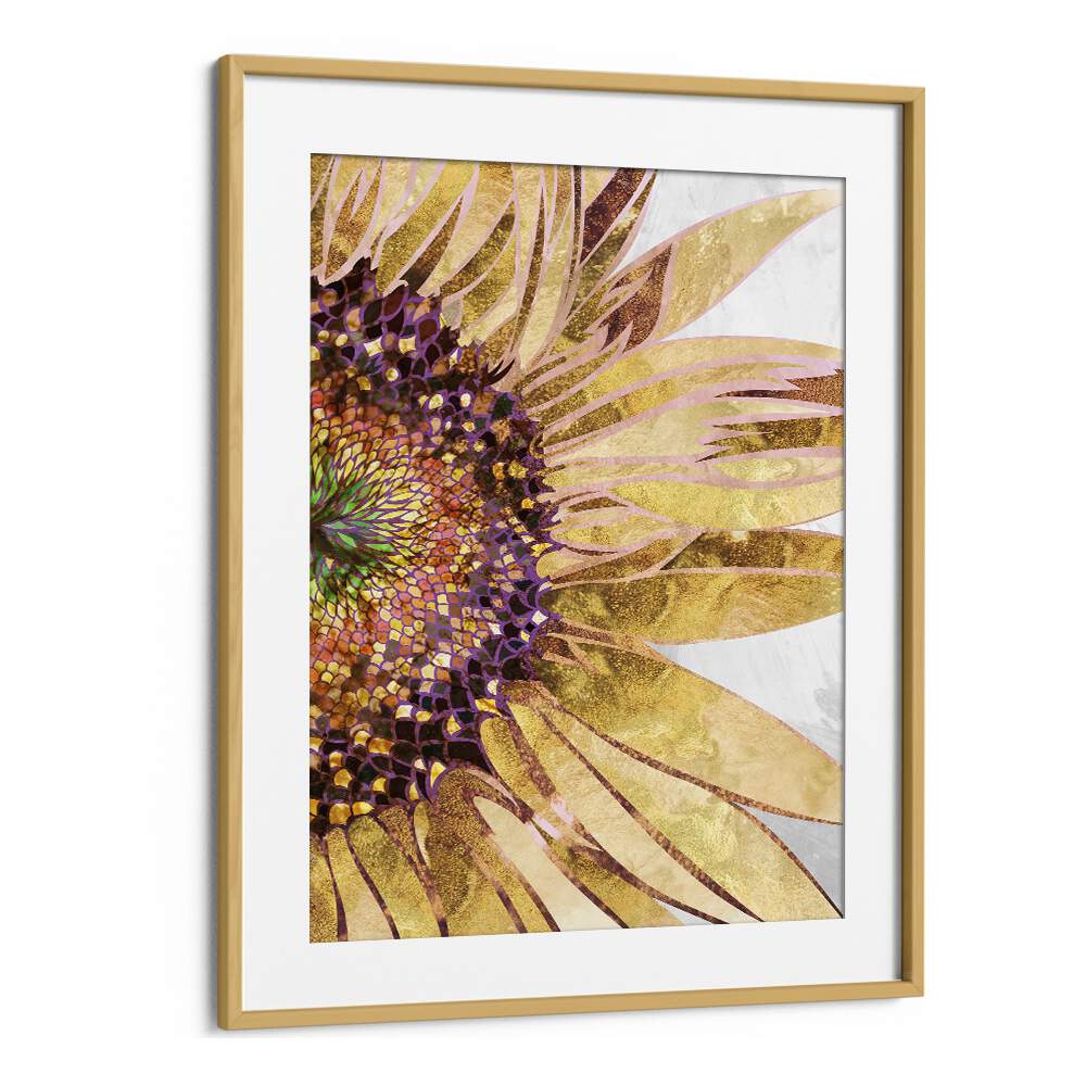 Golden Sunflower By Sarah Manovski Botanical Art Print in Oak Wood Frame With Mount