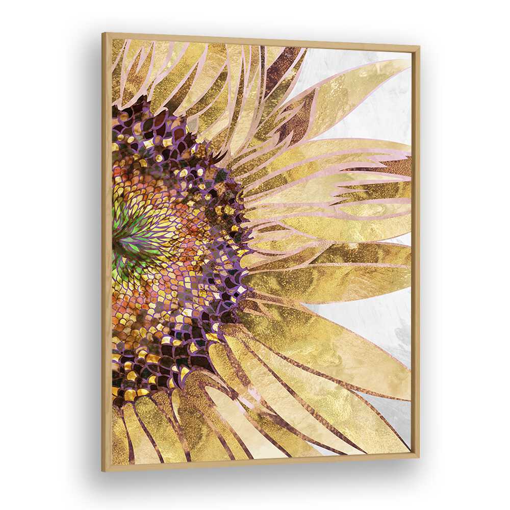 Golden Sunflower By Sarah Manovski Botanical Art Print in Oak Wood Plain Frame