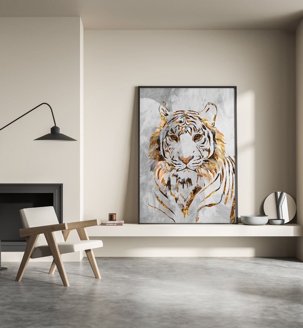 Golden Tiger and Concrete By Sarah Manovski Wildlife Paintings   placed on wall 