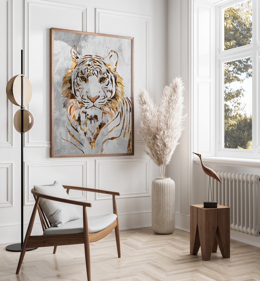 Golden Tiger and Concrete By Sarah Manovski Wildlife Paintings   placed on wall 