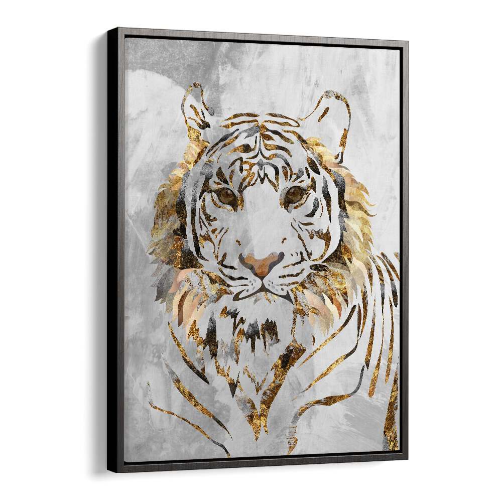 Golden Tiger and Concrete By Sarah Manovski Wildlife Paintings in Black Floater Frame