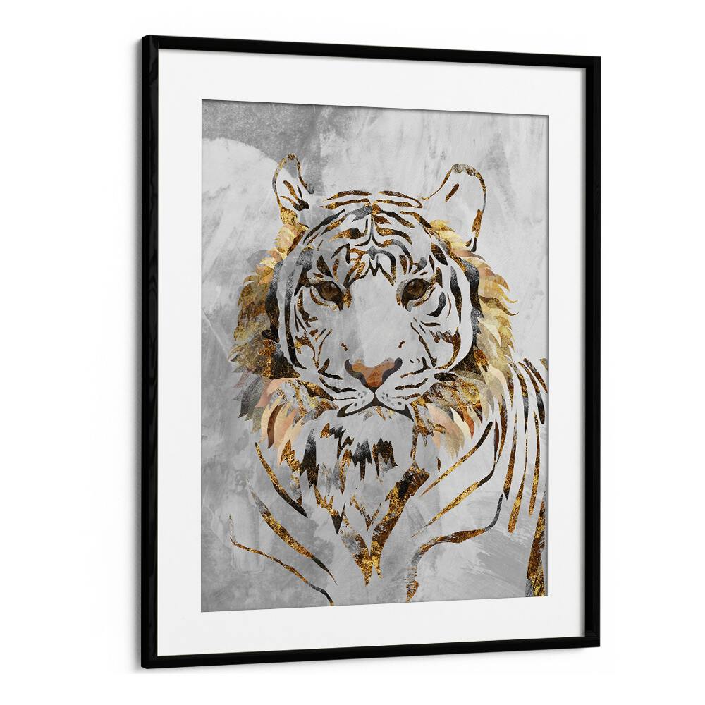 Golden Tiger and Concrete By Sarah Manovski Wildlife Paintings in Black Frame With Mount