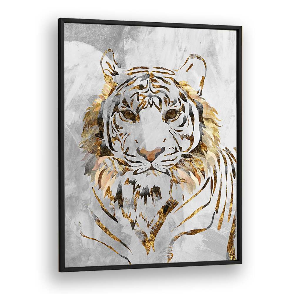 Golden Tiger and Concrete By Sarah Manovski Wildlife Paintings in Black Plain Frame