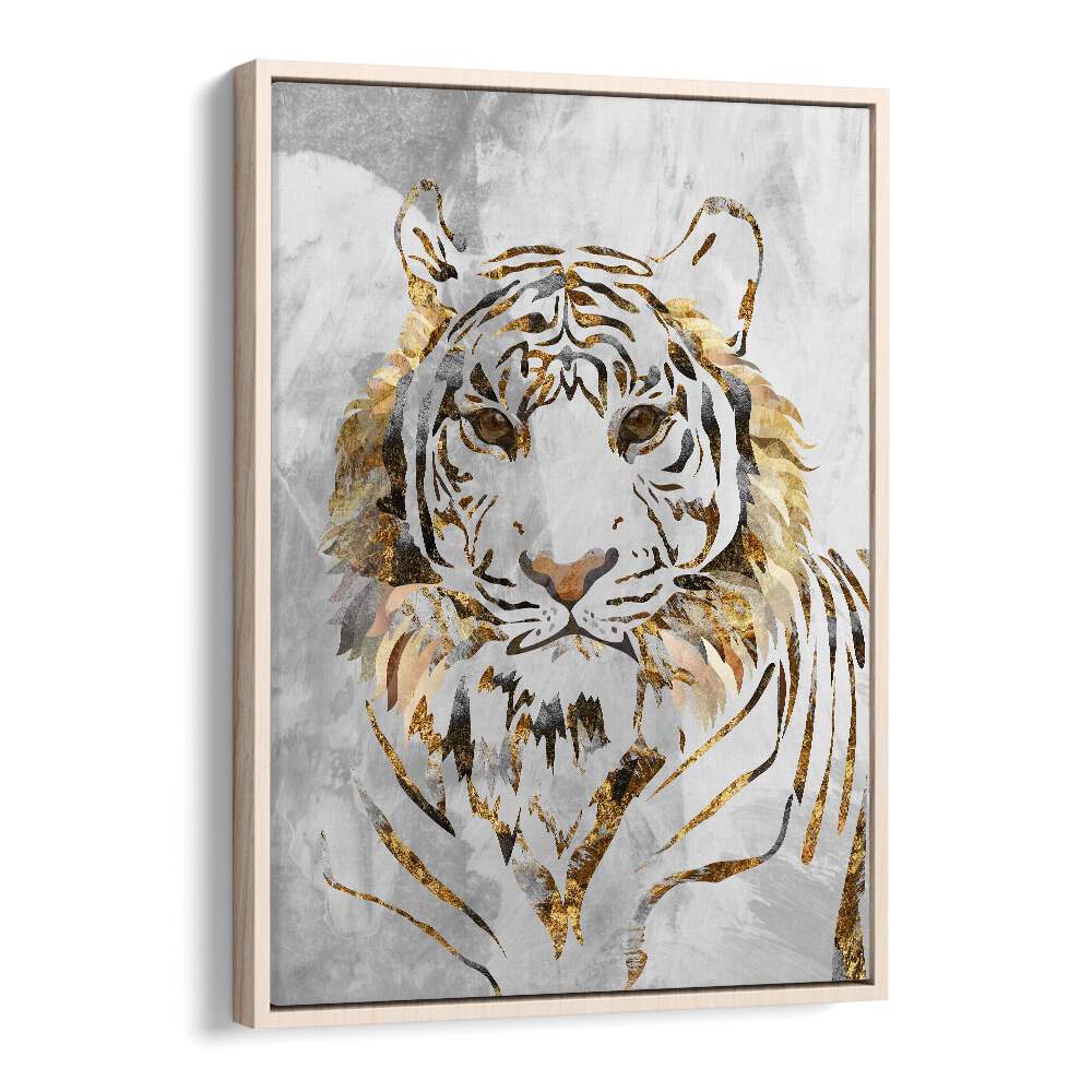 Golden Tiger and Concrete By Sarah Manovski Wildlife Paintings in Oak Wood Floater Frame