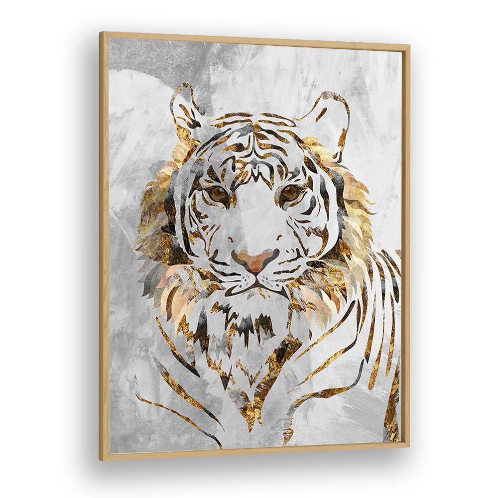 Golden Tiger and Concrete By Sarah Manovski Wildlife Paintings in Oak Wood Plain Frame