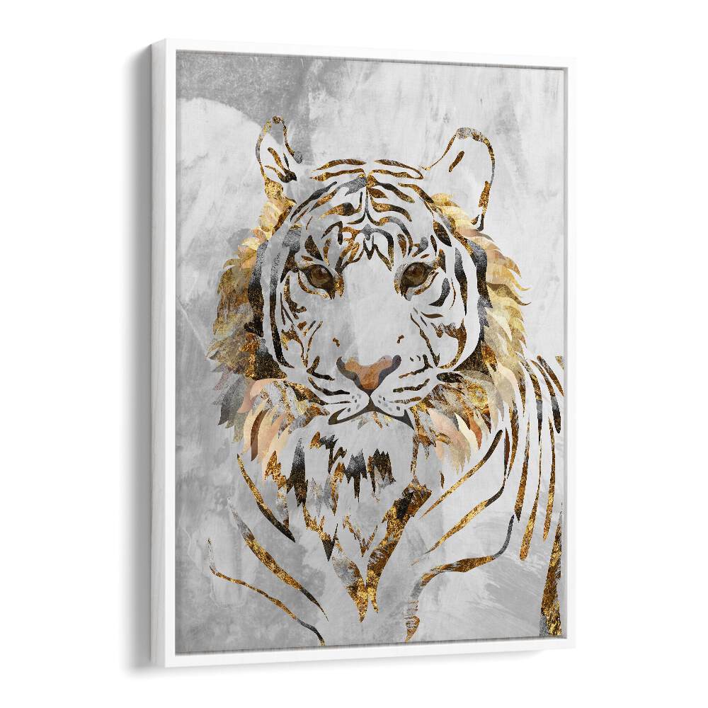 Golden Tiger and Concrete By Sarah Manovski Wildlife Paintings in White Floater Frame