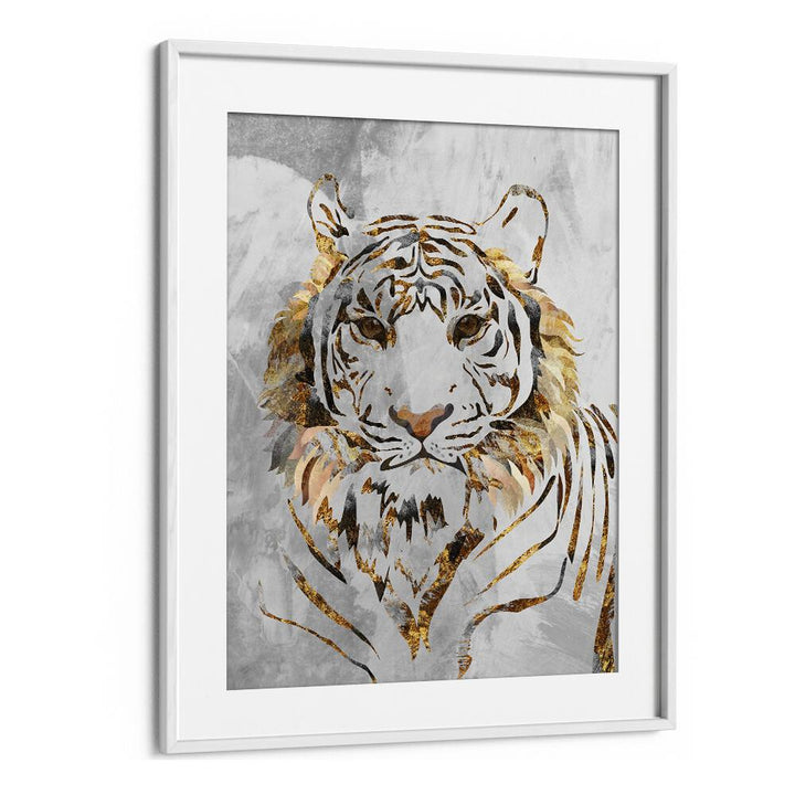 Golden Tiger and Concrete By Sarah Manovski Wildlife Paintings in White Frame With Mount