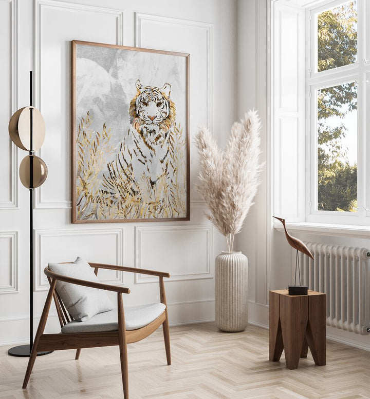 Golden Tiger in the Leaves By Sarah Manovski Wildlife Painting placed on wall 