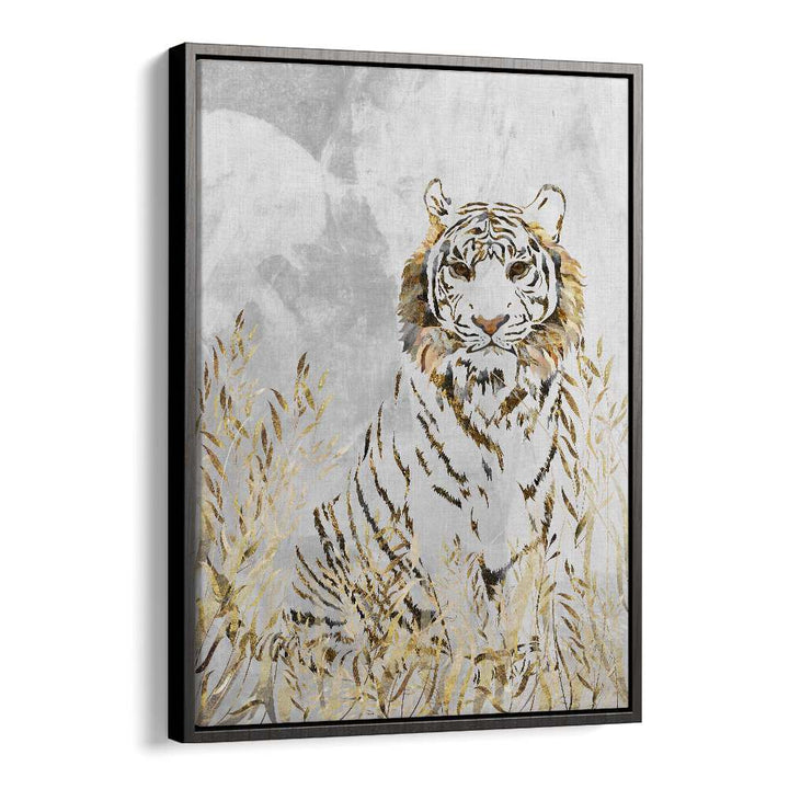 Golden Tiger in the Leaves By Sarah Manovski Wildlife Painting in Black Floater Frame