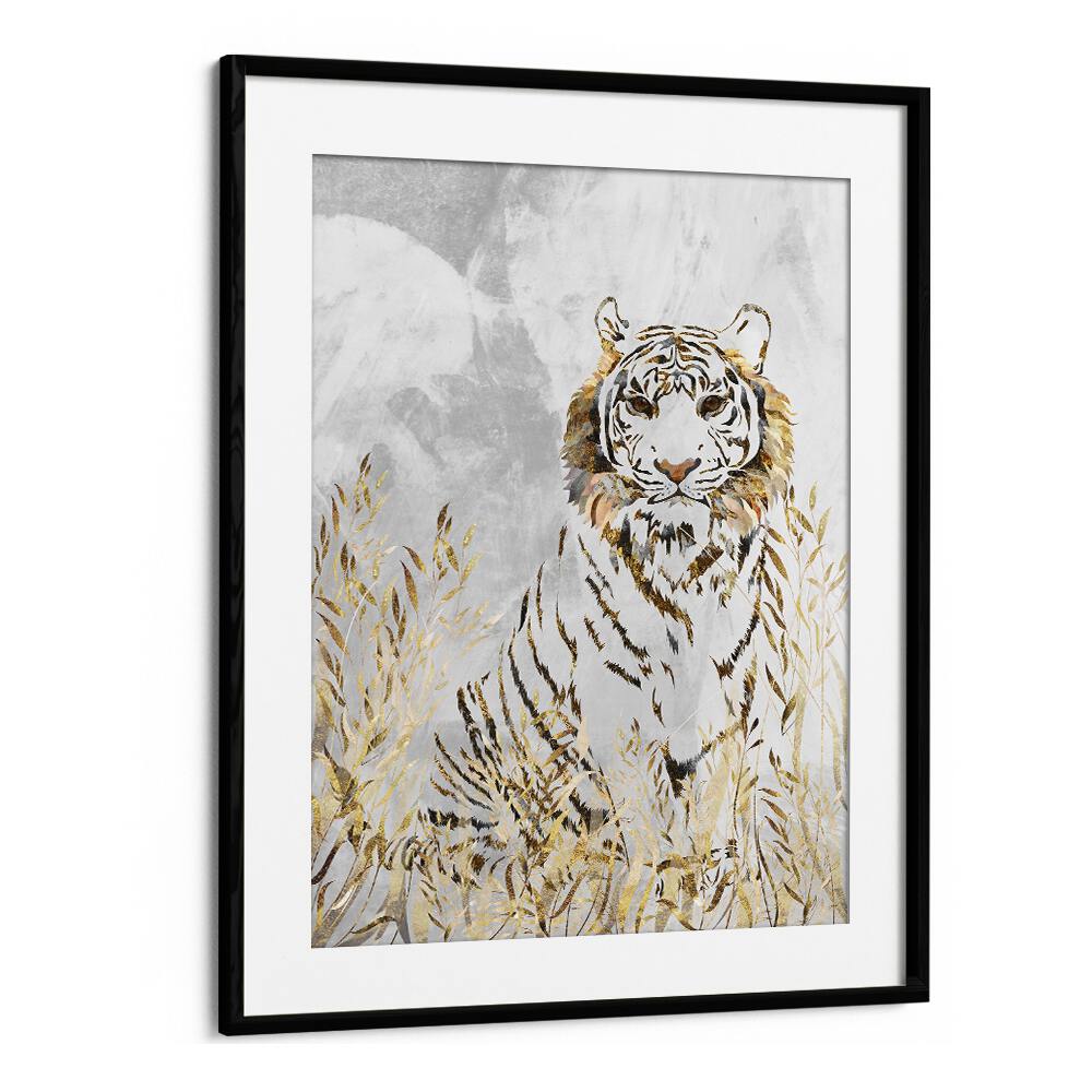 Golden Tiger in the Leaves By Sarah Manovski Wildlife Painting in Black Frame With Mount