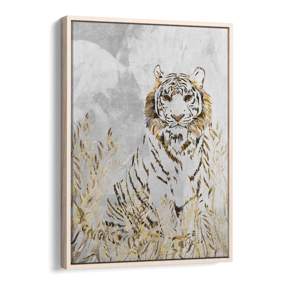 Golden Tiger in the Leaves By Sarah Manovski Wildlife Painting in Oak Wood Floater Frame