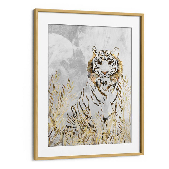 Golden Tiger in the Leaves By Sarah Manovski Wildlife Painting in Oak Wood Frame With Mount