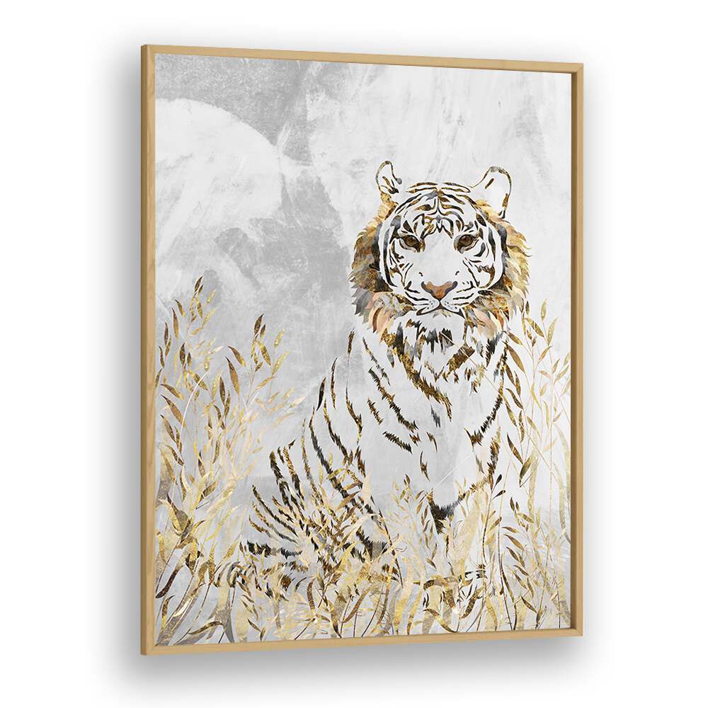 Golden Tiger in the Leaves By Sarah Manovski Wildlife Painting in Oak Wood Plain Frame