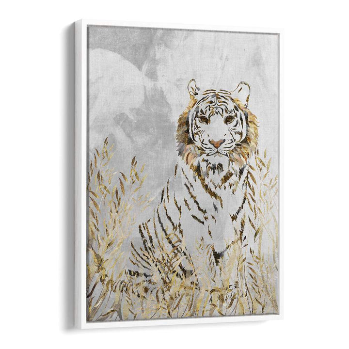 Golden Tiger in the Leaves By Sarah Manovski Wildlife Painting in White Floater Frame