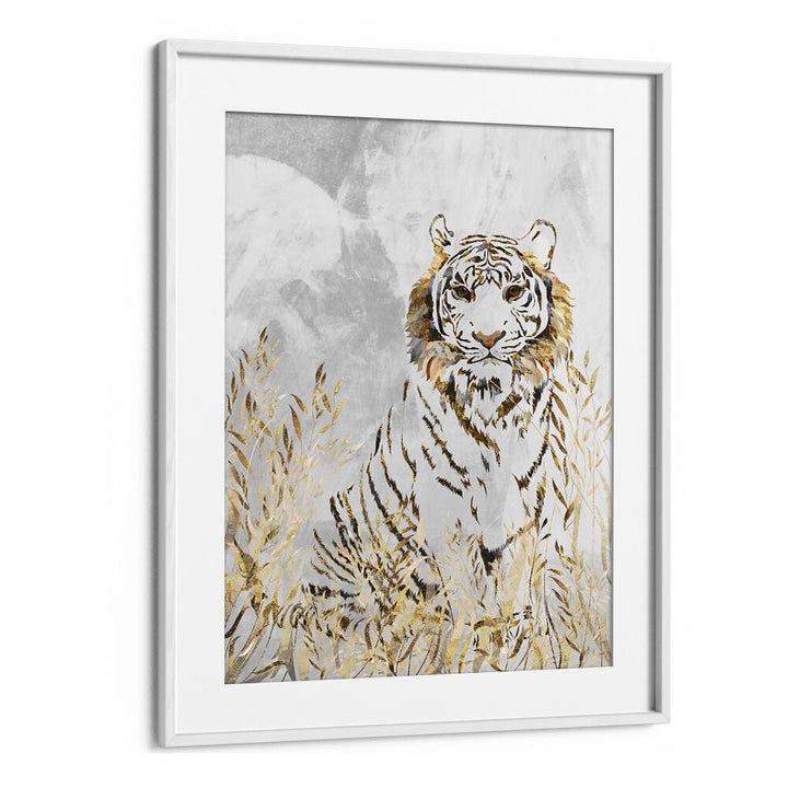 Golden Tiger in the Leaves By Sarah Manovski Wildlife Painting in White Frame With Mount